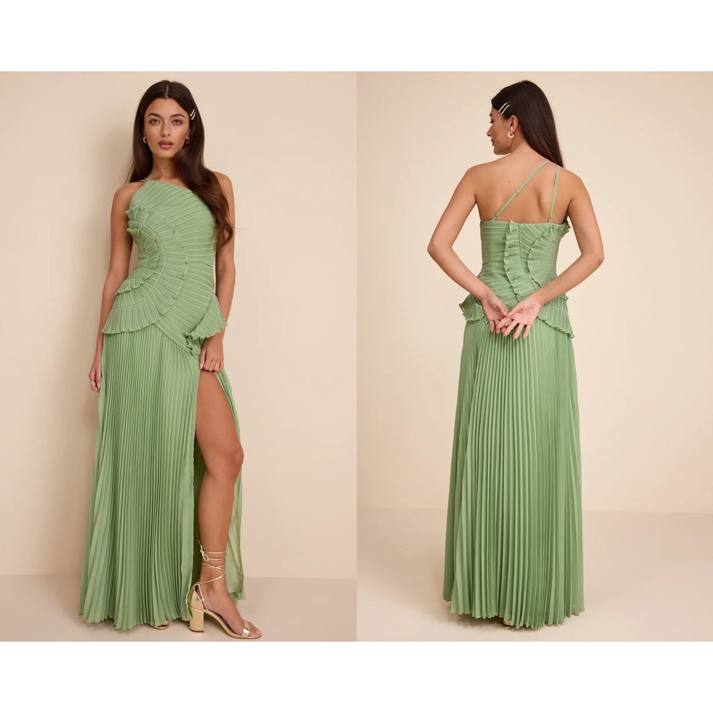 Lulus Magdalene Light Green Pleated Asymmetrical Maxi Dress Size Medium